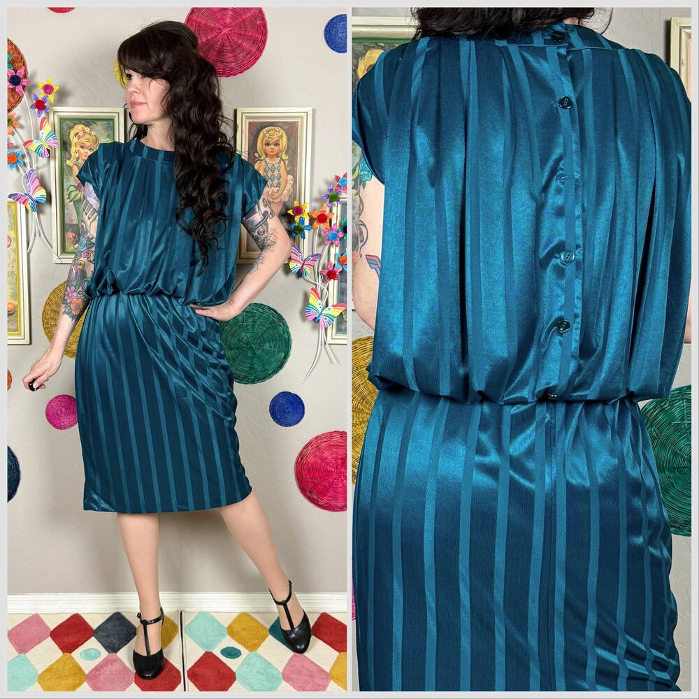 Vintage 1970s Dark Teal Striped Sleeveless Blouson Disco Dress